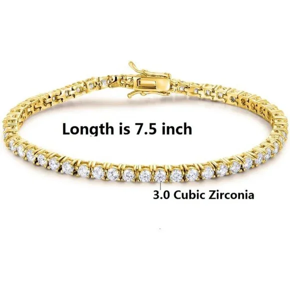 Elegant 18K Gold Plated Tennis Bracelet with 3.0 Carat Cubic Zirconia - 7.5 Inch - Picture 3 of 8